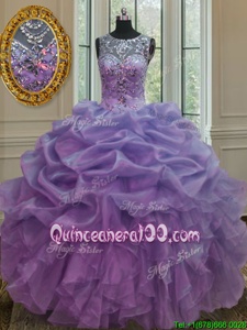 Custom Design Lavender Quinceanera Gown Military Ball and Sweet 16 and Quinceanera and For withBeading and Ruffles and Pick Ups Scoop Sleeveless Lace Up