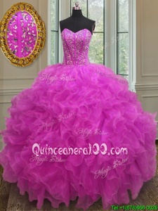 Attractive Fuchsia Sleeveless Organza Lace Up Sweet 16 Dresses forMilitary Ball and Sweet 16 and Quinceanera