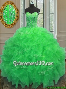 Artistic Floor Length Green Quince Ball Gowns Organza Sleeveless Spring and Summer and Fall and Winter Beading and Ruffles