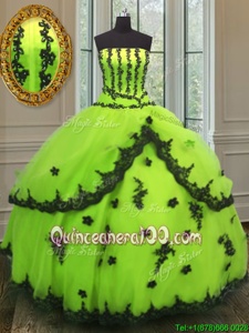 Stunning Ball Gowns Quinceanera Dresses Yellow Green Strapless Tulle Sleeveless Floor Length Lace Up