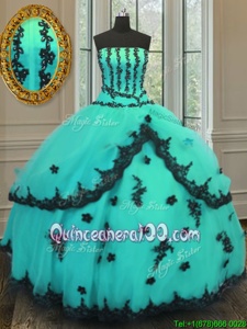 Perfect Turquoise Tulle Lace Up Strapless Sleeveless Floor Length Quinceanera Dresses Appliques