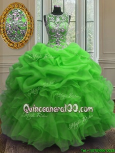 Fantastic Green Organza Lace Up Scoop Sleeveless Floor Length Quinceanera Gowns Beading and Ruffles and Pick Ups