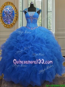 Romantic Cap Sleeves Beading and Ruffles and Sequins Lace Up Vestidos de Quinceanera
