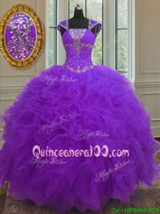 Delicate Straps Straps Purple Lace Up 15th Birthday Dress Beading and Ruffles and Sequins Cap Sleeves Floor Length