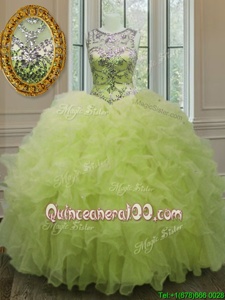 Amazing Scoop Sleeveless Floor Length Beading and Ruffles Lace Up Quinceanera Dresses with Yellow Green