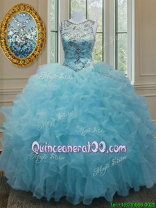 Super Aqua Blue Lace Up Scoop Beading and Ruffles Sweet 16 Dresses Organza Sleeveless