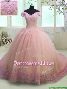 Chic Off the Shoulder Hand Made Flower Quinceanera Dress Pink Lace Up Short Sleeves With Train Court Train