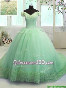 Romantic Off the Shoulder Spring Green Short Sleeves Organza Court Train Lace Up 15th Birthday Dress forMilitary Ball and Sweet 16 and Quinceanera