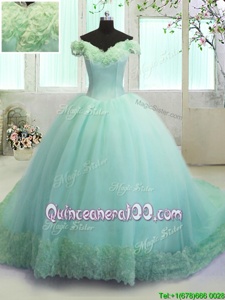 Edgy Off the Shoulder With Train Ball Gowns Sleeveless Turquoise Sweet 16 Quinceanera Dress Court Train Lace Up