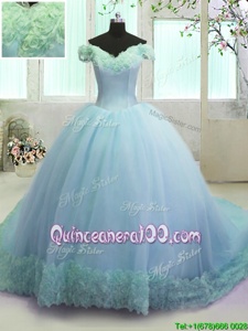 Light Blue Ball Gowns Organza Off The Shoulder Sleeveless Hand Made Flower With Train Lace Up Sweet 16 Dress Court Train