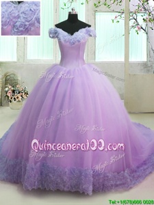 High End Off the Shoulder Short Sleeves With Train Lace Up Ball Gown Prom Dress Lilac and In forMilitary Ball and Sweet 16 and Quinceanera withHand Made Flower Court Train