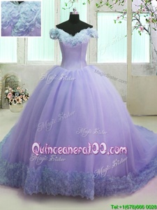Comfortable Lilac Off The Shoulder Lace Up Hand Made Flower Vestidos de Quinceanera Court Train Short Sleeves