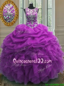 High End Scoop Purple Lace Up 15th Birthday Dress Beading and Ruffles and Pick Ups Sleeveless Floor Length