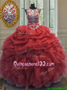 Elegant Scoop Sleeveless Organza Quince Ball Gowns Beading and Ruffles and Pick Ups Lace Up