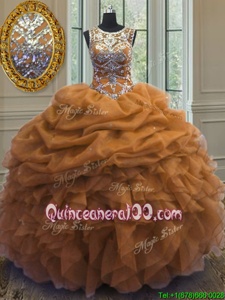 Cute Gold Ball Gowns Scoop Sleeveless Organza Floor Length Lace Up Beading and Ruffles and Pick Ups Sweet 16 Dress