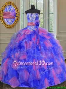Dramatic Multi-color Organza Lace Up Sweetheart Sleeveless Floor Length Sweet 16 Quinceanera Dress Beading and Appliques and Ruffles and Sashes|ribbons and Hand Made Flower