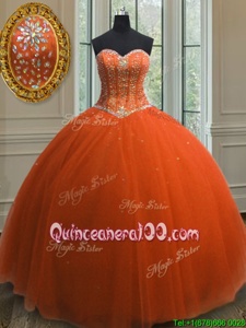 Customized Sleeveless Floor Length Beading and Sequins Lace Up 15th Birthday Dress with Orange