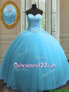 Romantic Sweetheart Sleeveless 15th Birthday Dress Floor Length Beading and Sequins Baby Blue Tulle
