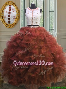 Sophisticated Rust Red Ball Gowns Organza Scoop Sleeveless Appliques and Ruffles Floor Length Clasp Handle Vestidos de Quinceanera