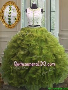Amazing Scoop Olive Green Organza Clasp Handle 15 Quinceanera Dress Sleeveless Floor Length Appliques and Ruffles