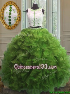 Dramatic Green Ball Gowns Organza Scoop Sleeveless Appliques and Ruffles Floor Length Clasp Handle Sweet 16 Quinceanera Dress