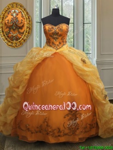 Attractive Sweetheart Sleeveless Quinceanera Dress With Train Court Train Beading and Appliques and Pick Ups Orange Organza