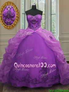 Chic Beading and Appliques and Pick Ups Vestidos de Quinceanera Purple Lace Up Sleeveless With Train Court Train