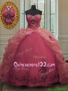 With Train Lace Up Sweet 16 Dress Watermelon Red and In forMilitary Ball and Sweet 16 and Quinceanera withBeading and Appliques and Pick Ups Court Train