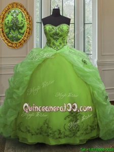 Comfortable Spring Green Ball Gowns Beading and Appliques and Pick Ups Vestidos de Quinceanera Lace Up Organza Sleeveless With Train
