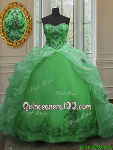 Deluxe Sweetheart Sleeveless Sweet 16 Quinceanera Dress With Train Court Train Beading and Appliques and Pick Ups Apple Green Organza