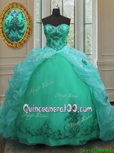 Beauteous Pick Ups Court Train Ball Gowns Quinceanera Dress Turquoise Sweetheart Organza Sleeveless With Train Lace Up