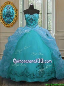 Hot Selling Aqua Blue Sweetheart Neckline Beading and Appliques and Pick Ups Quinceanera Gowns Sleeveless Lace Up