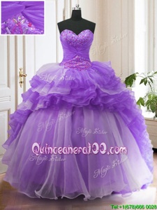 Inexpensive Lavender Sleeveless With Train Beading and Ruffled Layers Lace Up 15th Birthday Dress