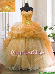High Quality Orange Quince Ball Gowns Military Ball and Sweet 16 and Quinceanera and For withBeading and Ruffled Layers Sweetheart Sleeveless Sweep Train Lace Up
