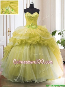Light Yellow Ball Gowns Sweetheart Sleeveless Organza With Train Court Train Lace Up Beading and Ruffled Layers Quinceanera Gowns