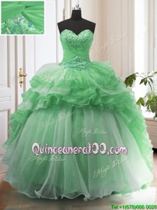 Custom Fit Green Sweetheart Lace Up Beading and Ruffled Layers Sweet 16 Quinceanera Dress Sweep Train Sleeveless