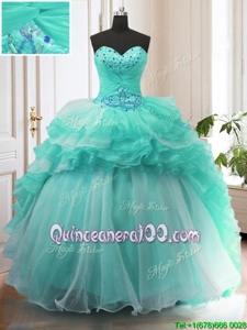 Custom Made Sleeveless Sweep Train Lace Up With Train Beading and Ruffles Quinceanera Gowns