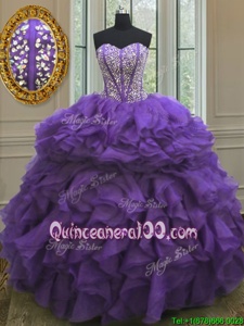 Best Selling Sleeveless Floor Length Beading and Ruffles Lace Up Vestidos de Quinceanera with Eggplant Purple