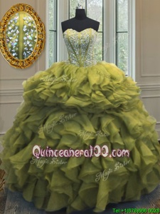 Chic Ball Gowns Sweet 16 Dress Olive Green Sweetheart Organza Sleeveless Floor Length Lace Up