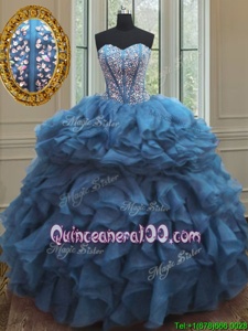Extravagant Sweetheart Sleeveless Lace Up Quinceanera Gown Teal Organza
