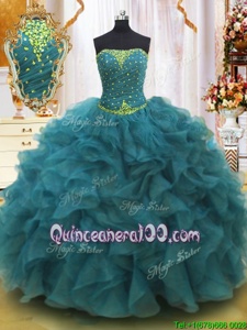 Floor Length Teal Quinceanera Dresses Strapless Sleeveless Lace Up