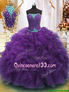 Glittering Purple Ball Gowns Organza Strapless Sleeveless Beading and Ruffles Floor Length Lace Up Ball Gown Prom Dress