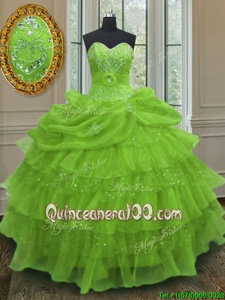 Sophisticated Floor Length Lace Up Sweet 16 Quinceanera Dress Yellow Green and In forMilitary Ball and Sweet 16 and Quinceanera withBeading and Ruffled Layers and Pick Ups