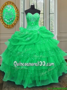 Designer Halter Top Floor Length Green Ball Gown Prom Dress Organza Sleeveless Spring and Summer and Fall and Winter Beading and Ruffled Layers and Pick Ups