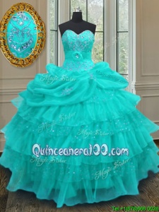 Beauteous Pick Ups Ruffled Ball Gowns Quinceanera Gown Aqua Blue Sweetheart Organza Sleeveless Floor Length Lace Up