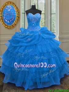 Fantastic Organza Sweetheart Sleeveless Lace Up Beading and Ruffled Layers and Pick Ups Quinceanera Gown inBlue