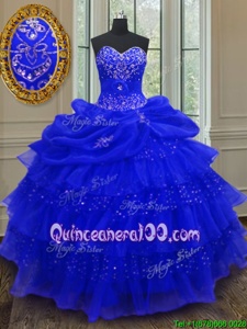 Fabulous Royal Blue Lace Up Sweetheart Beading and Ruffled Layers and Pick Ups Sweet 16 Dress Organza Sleeveless