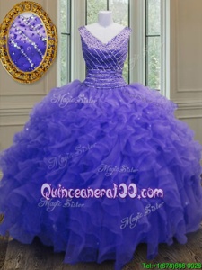 Superior Purple Vestidos de Quinceanera Military Ball and Sweet 16 and Quinceanera and For withBeading and Ruffles V-neck Sleeveless Zipper