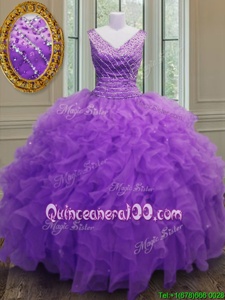 Stunning Purple Ball Gowns V-neck Sleeveless Organza Floor Length Zipper Beading and Ruffles 15 Quinceanera Dress