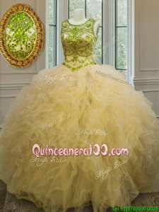 Excellent Light Yellow Ball Gowns Scoop Sleeveless Tulle Floor Length Lace Up Beading and Ruffles Quinceanera Dresses